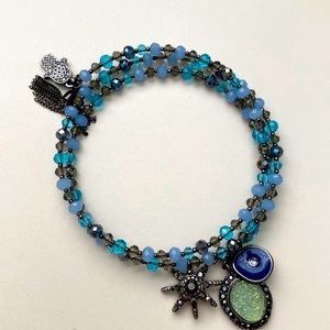🧿BEADED BRACELET-Coil Wrap Style Blue Beaded Bracelet with protection charms